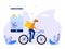 Fast online delivery. free package delivery via mobile media using bicycles. Vector illustration in flat style