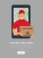 Fast online delivery service with mobile app, man in red uniform holding cardboard box parcel on smartphone touch screen with map.