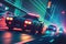 fast-paced chase along neon night city crossing, with police cars in pursuit of high-speed getaway car