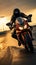 Fast paced race Motorcycle rider on sport bike at sunset