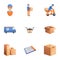 Fast parcel delivery icon set, cartoon style