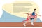 A fast runner crosses the finish line. Winner of a running competition. Athletics. Motivational banner, web page. Vector
