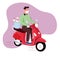 Fast safe flower delivery concept. Safety, sterile flower service. Courier in protective mask and gloves driving scooter