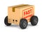 Fast shipping cargo box with wheel on white background. Isolated