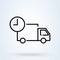 Fast shipping delivery truck in linear. Freight forwarding services with clock thin line icon, vector illustration