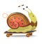 Fast snail. Cute cartoon snail on a skateboard isolated