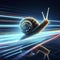 Fast snail racing with light trail, showing high speed on neon race track. ai generative