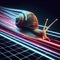 Fast snail racing with light trail, showing high speed on neon race track. ai generative