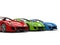 Fast sports cars in red, green and blue - closeup shot