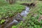 A fast stream in mountainous terrain. Water flowing in the river shown in a long exposure.