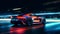 Fast supercar driving at high speed, with stunning neon lights. Motion blur effect speed. AI generated