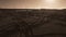 Fast train over elevated bridge, aerial view in sepia