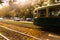 A fast tram shuttles on the railway