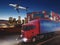 Fast truck on road delivering at night with cargo and airplane in background. 3D Rendering