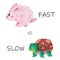 fast vs slow rabbit hare bunny and turtle tortoise hand drawn cartoon run competition