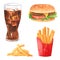 Fastfood clipart set, cola, hamburger, french fries, hand drawn watercolo