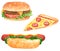 Fastfood clipart set, hot dog with salad leaves and ketchup, pizza slice, hamburger