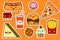 Fastfood fashion, cartoon kawaii stickers illustrations icon set. gamburger, pizza, sandwich, cake. Flat