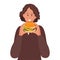 Fastfood. Girl going to bite off burger. Young Woman cartoon character biting hamburger. Happy hungry girl eating launch