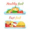 Fastfood healthy food vegetable soda hamburger donut hotdog flat design vector illustration