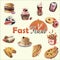 Fastfood menu cover design. Digital art illustration of food and drinks, burrito and coffee, cupcake and donut, french