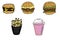 Fastfood set double cheeseburger, french fries, milkshake, double burger, tomato cheesburger