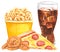 Fastfood set, pizza, onion rings, popcorn, cola