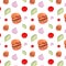 Fastfood watercolor illustration: . Food and drinks seamless pattern. Decoration wallpaper for restaurants, food stalls. Colorful