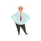 Fat adult man with bald head. Cartoon male character in formal clothing blue shirt, red tie and black trousers. Office