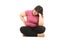 Fat Asian woman wearing gym clothes Sit stressed on a white background.