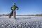 Fat bike cyclist on a frozen lake in winter