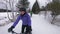Fat bike in winter. Fat biker riding bicycle in the snow in winter. Selifie video by woman living healthy outdoor active