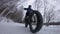 Fat bike in winter. Woman Fat biker riding bicycle in the snow in winter forest. Woman living healthy outdoor active