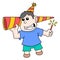 Fat boy is bringing fireworks for the new year party, doodle icon image kawaii