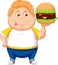 Fat boy cartoon smiling and ready to eat a big hamburger