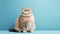 Fat British cat sits on blue background, puts its paw funny and looks ahead with big yellow eyes. Obesity in cats