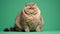 Fat British cat sits on green background, puts its paw funny and looks ahead with big yellow eyes. Obesity in cats