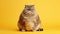 Fat British cat sits on yellow background, puts its paw funny and looks ahead with big yellow eyes. Obesity in cats