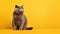 Fat British cat sits on yellow background, puts its paw funny and looks ahead with big yellow eyes. Obesity in cats