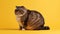 Fat British cat sits on yellow background, puts its paw funny and looks ahead with big yellow eyes. Obesity in cats