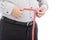 Fat business man use scale to measure his waistline