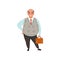 Fat businessman with bald head holding brown briefcase.