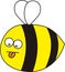 A fat cartoon bee with little wings and a dead cartoon face with her little tongue out