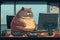 Fat Cat at Office Desk with Computer. Generative AI
