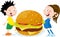 Fat children with hamburger cartoon flat design vector