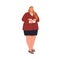 Fat chunky plus-size woman standing in short skirt. Young smiling chubby plump girl in blazer, sandals. Female character