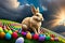 Fat Easter Bunny On A Pile Of Colourful Easter Eggs Eating Chocolate Eggs. Generative AI