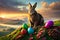 Fat Easter Bunny On A Pile Of Colourful Easter Eggs Eating Chocolate Eggs. Generative AI