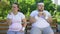 Fat girl eating apple, obese man having burger, individual choice of proper food