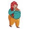 The fat girl eats a slice of pizza on the go. Cute Girl with overweight. Woman size plus on white background. Beautiful